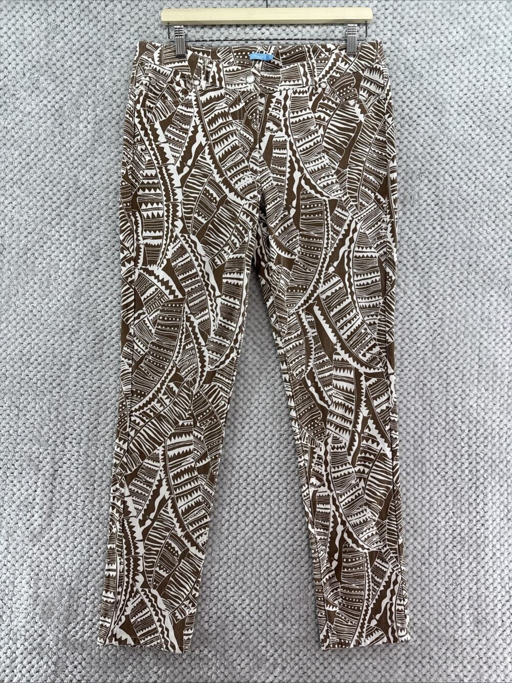 J McLaughlin Pants Womens 12 Brown White Abstract Print Mid Rise Skinny Preppy